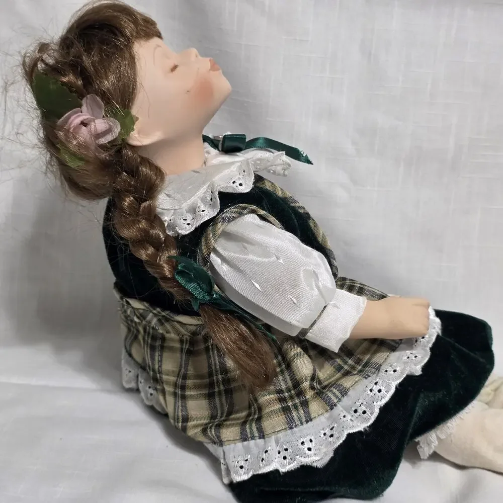 Vintage Collectible Porcelain Twin Dolls in Plaid and Blue Velvet Outfits